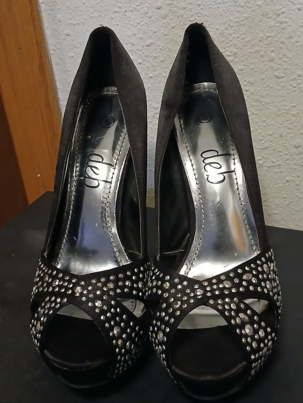 Deb Black Rhinestone Peep-Toe Stiletto Heels - Size 6